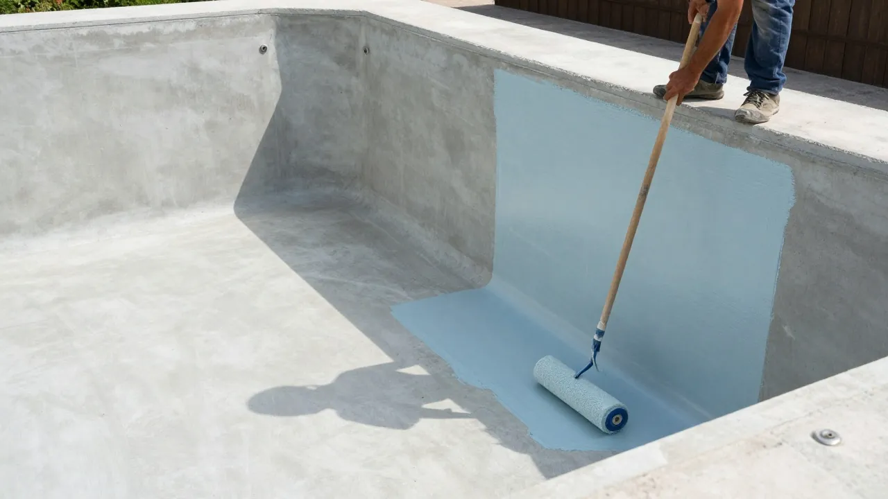 Application au rouleau d’un revêtement bleu clair sur les parois d’une piscine vidée